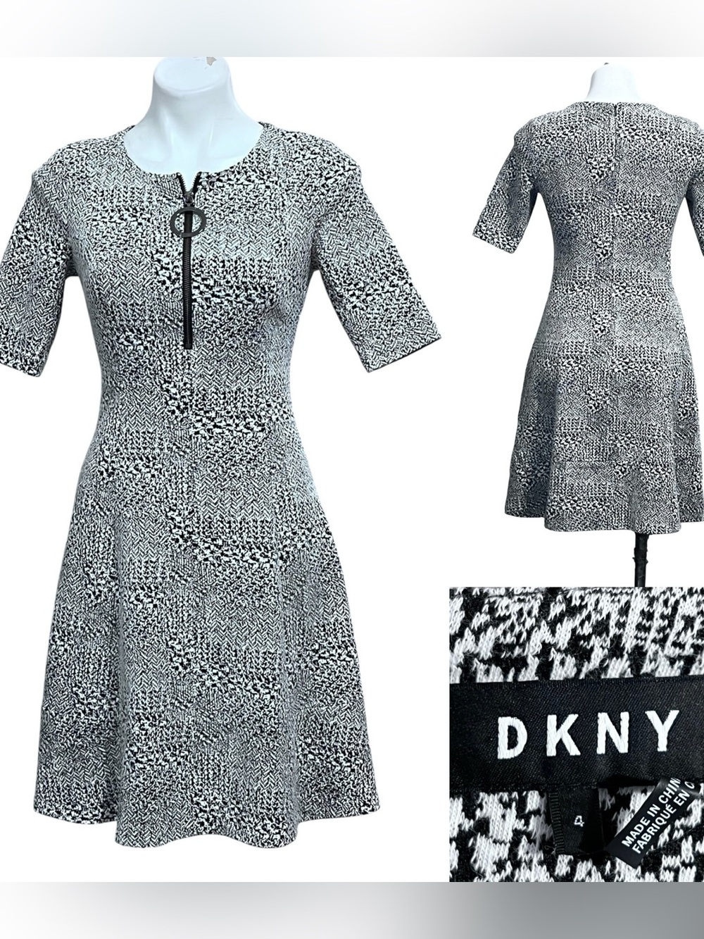 DKNY dress sz 4 Black/White Knit Fit-n-Flare Dress Zip Ring accent office church